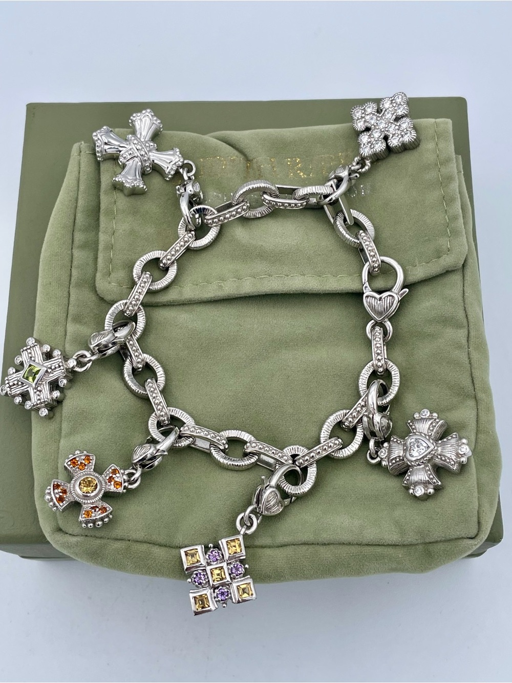 Judith Ripka Sterling Silver 925 Gemstone Maltese Cross Charm Bracelet Thailand